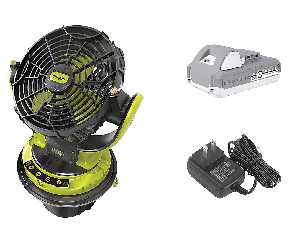 The image features a variety of SunJoe products, including a fan, a snow blower, and a leaf blower. The fan is shown in two different positions, one with the fan head attached to the base and another with the fan head detached. The leaf blower is also shown in two different positions, one with the fan head attached to the base and another with the fan head detached. The snow blower is shown in a single position, with the fan head attached to the base. The image provides a clear view of the various components and features of these SunJoe products.