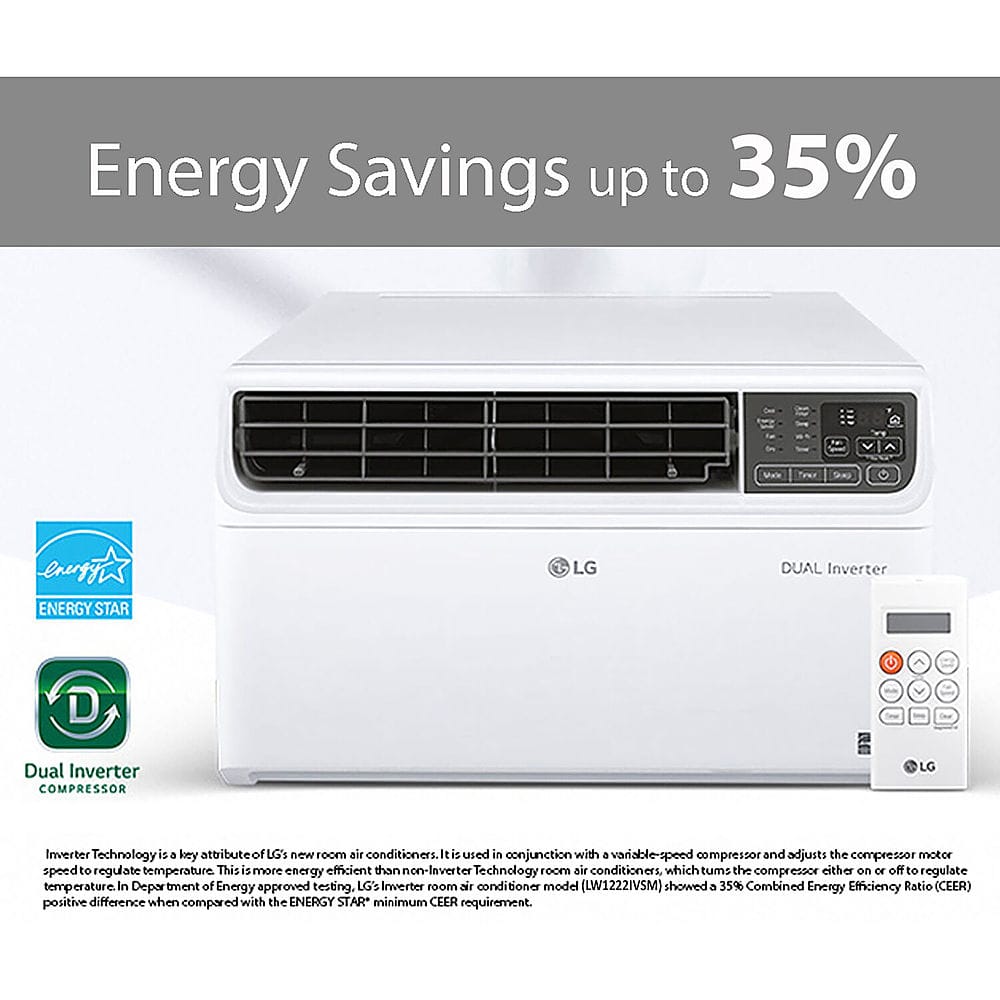 Energy Savings up to 35% with LG DUAL Inverter ENERGY STAR D Dual Inverter COMPRESSOR LG Inverter Technology is a key attribute of LG's new room air conditioners. It is used in conjunction with a variable-speed compressor and adjusts the compressor motor speed to regulate temperature. This is more energy efficient than non-inverter technology room air conditioners, which turn the compressor either on or off to regulate temperature. In the Department of Energy approved testing, LG's Inverter room air conditioner model (LW1222IVSM) showed a 35% Combined Energy Efficiency Ratio (CEER) positive difference when compared with the ENERGY STAR* minimum CEER requirement.