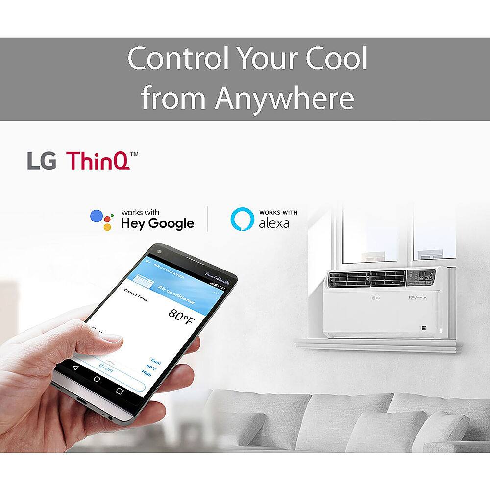 Control Your Cool from Anywhere TM LG ThinQ" works with Hey Google and Alexa. The advertisement shows a person holding a smartphone with the LG ThinQ app on the screen. The app allows the user to control the air conditioner from anywhere with a temperature of 80°F.