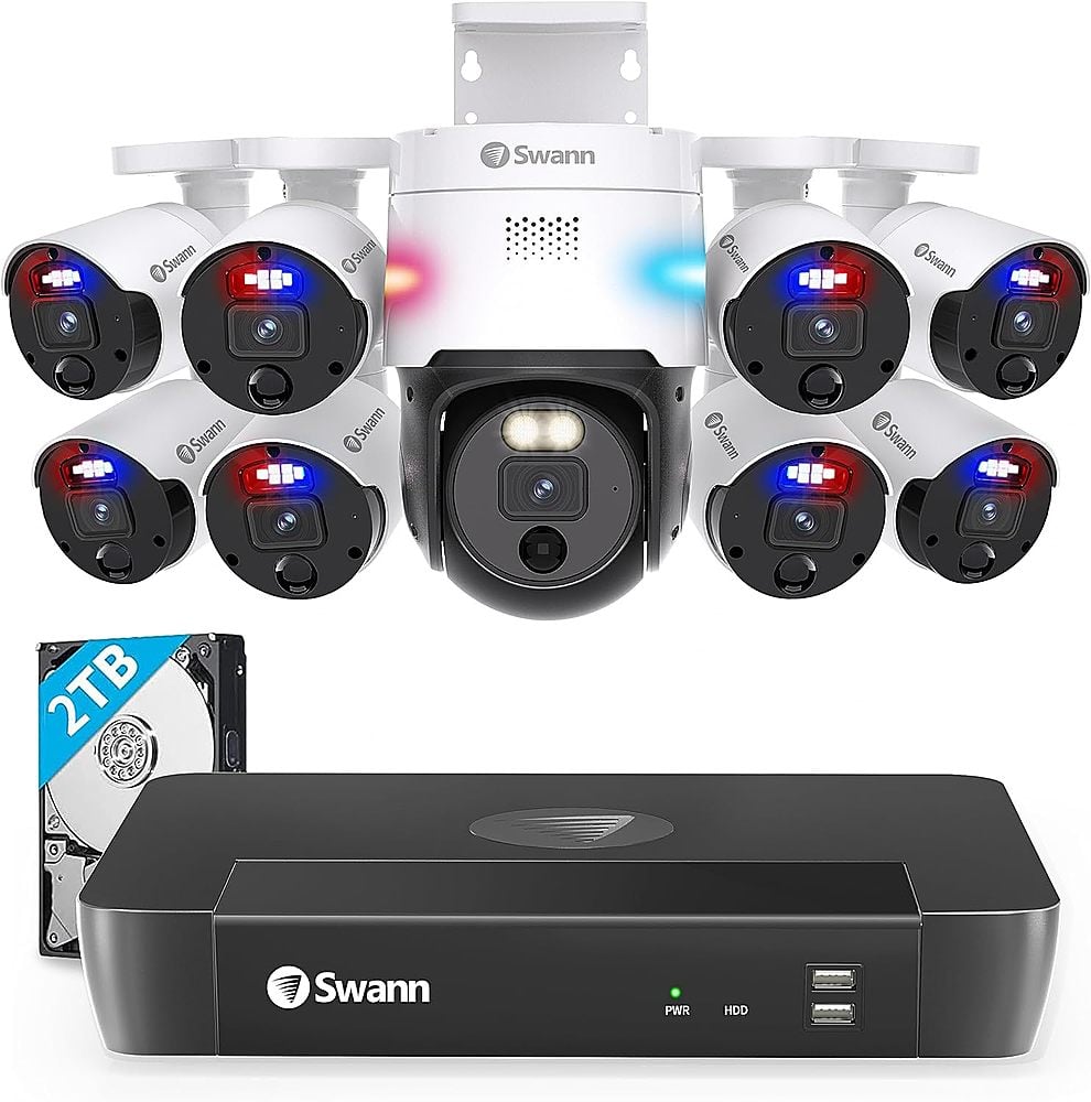 Swann - Professional 16-Channel 8-Bullet 1-Pan&Tilt Camera, Indoor/Outdoor, 4K UHD, 2TB NVR Security Surveillance System - White - Front_Zoom