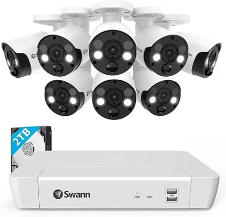 Swann - Professional 8 - Channel, 8 - Spot Light Camera Indoor/Outdoor Wired 4K HD, PoE 2TB NVR Security Surveillance System - White