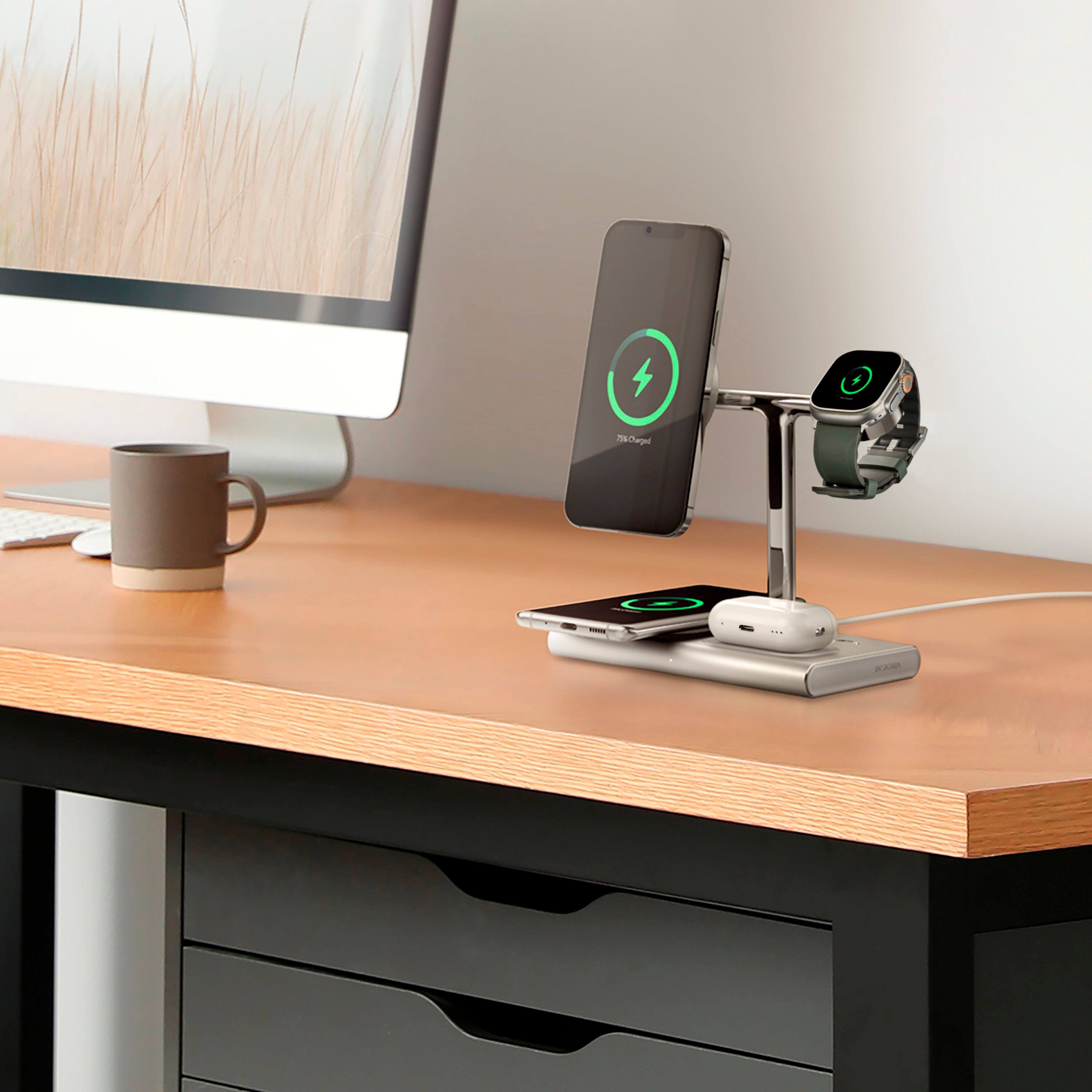 Alt View 13. Insignia™ - 4-in-1 15W Wireless Charger with MagSafe for iPhone 15/14/13/12 series + Apple Watch + AirPods + other Devices - Silver.