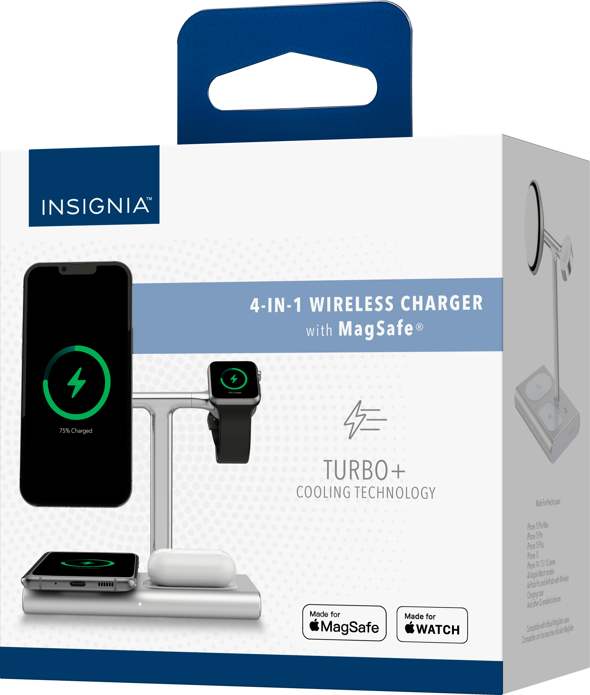 Insignia - 4-in-1 15W Wireless Charger with MagSafe for iPhone 15/14/13/12 Series + Apple Watch + AirPods + Other Devices - Silver