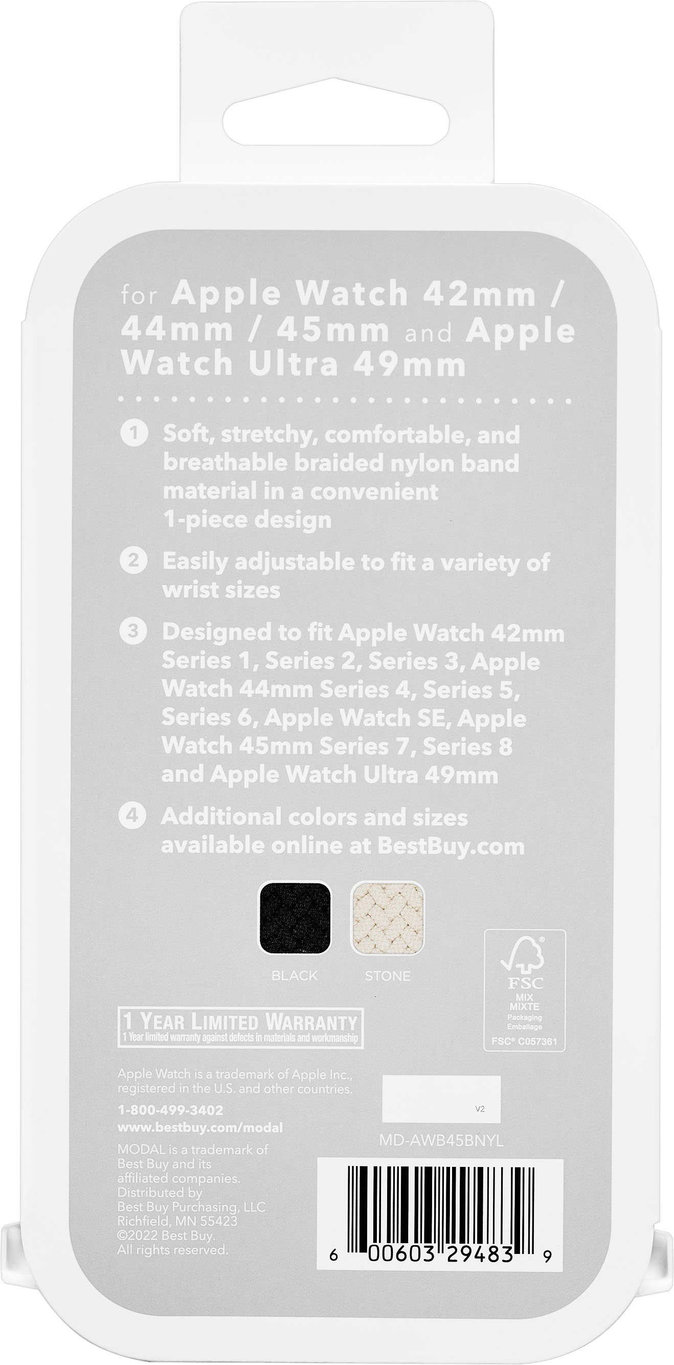 Alt View 15. Modal™ - Nylon Watch Band for Apple Watch 42mm, 44mm, 45mm (Series 1-9) and Apple Watch Ultra Series 1-2 49mm - Black.