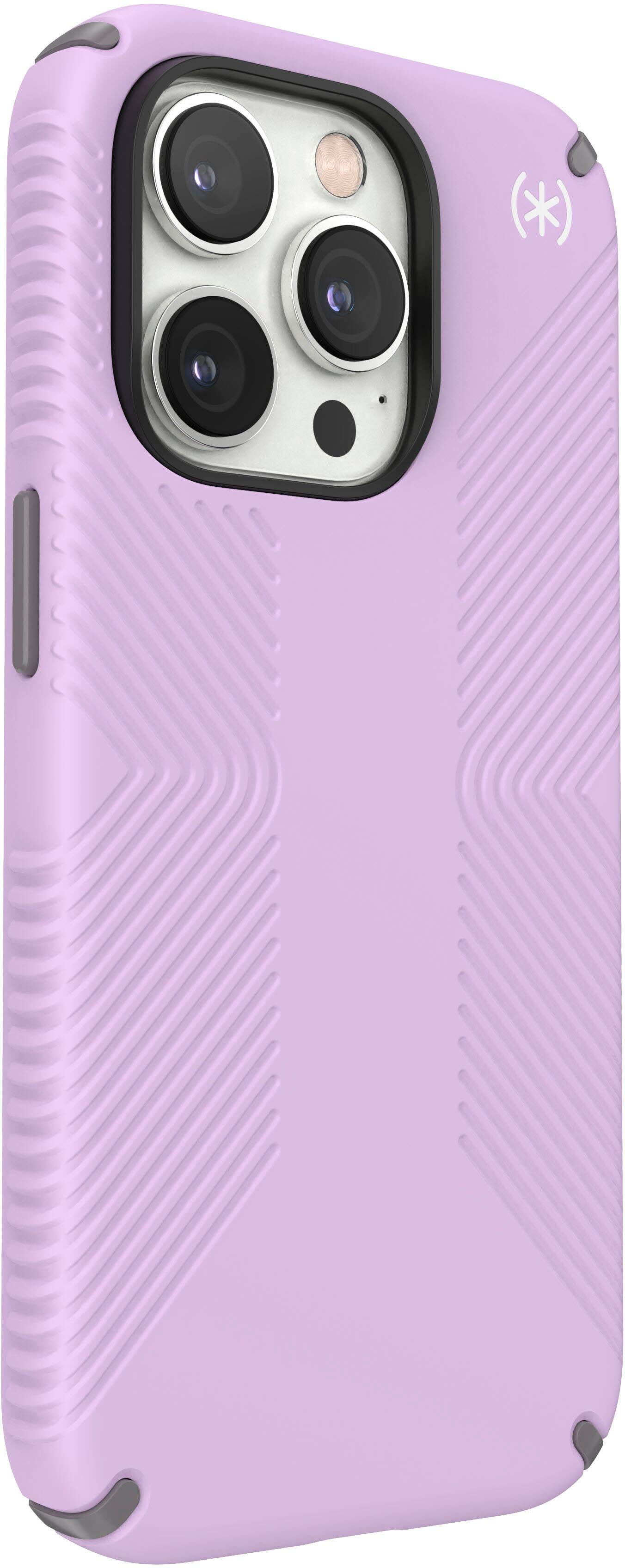 Angle. Speck - Presidio2 Grip Case with MagSafe for Apple iPhone 14 Pro - Spring Purple.