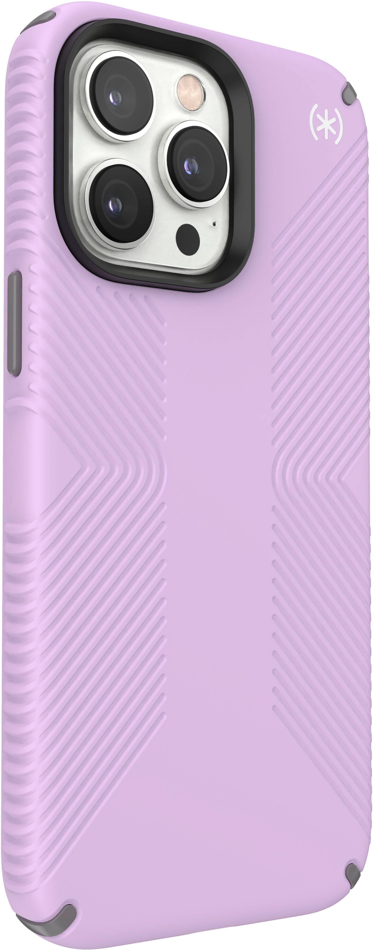 Angle. Speck - Presidio2 Grip Case with MagSafe for Apple iPhone 14 Pro Max - Spring Purple.