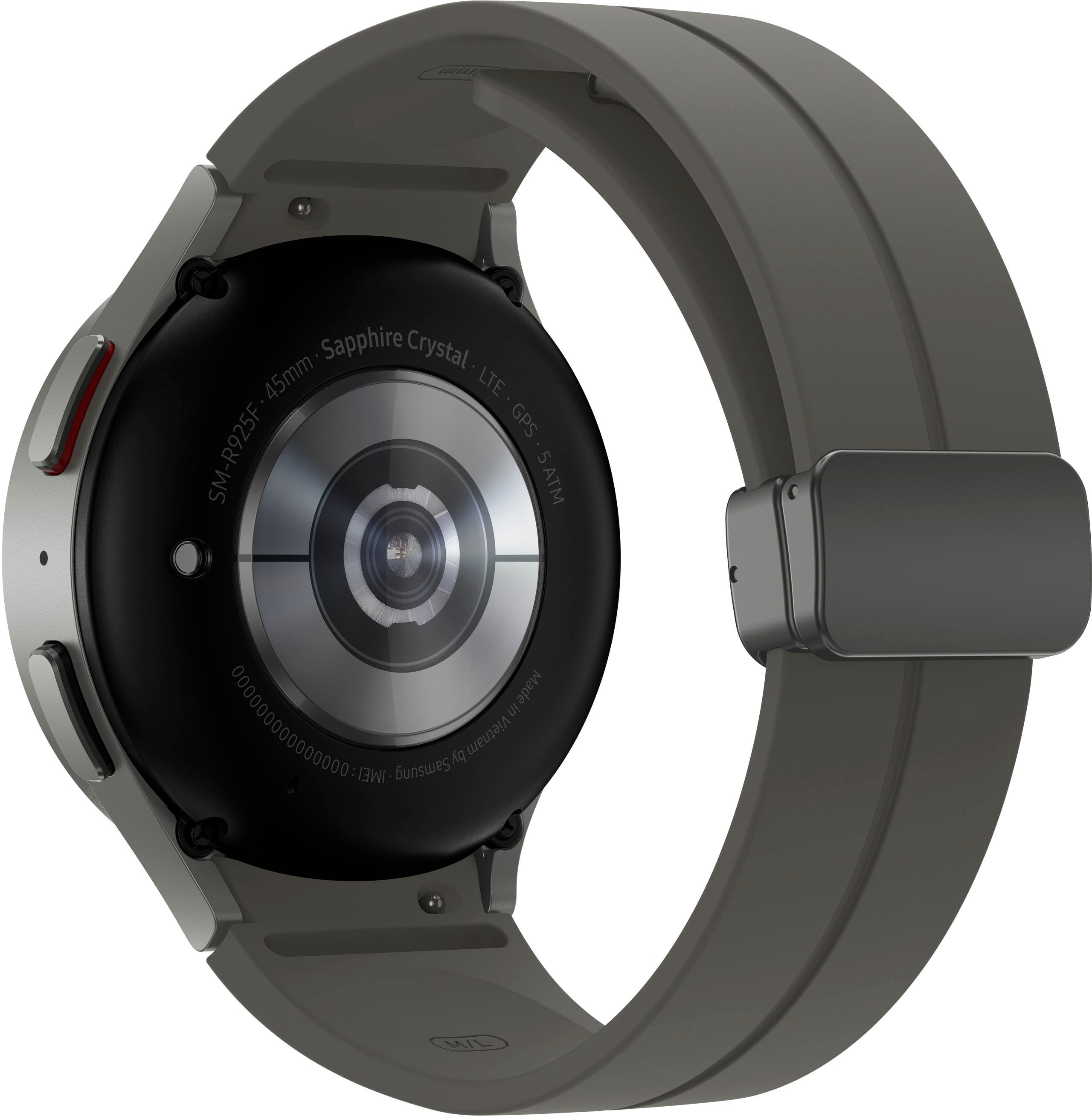 The image features a watch with a black face and a silver band. The watch is a Samsung watch, and it has a sapphire crystal face. The watch is also equipped with GPS capabilities. The watch is shown in a close-up view, highlighting its features and design.