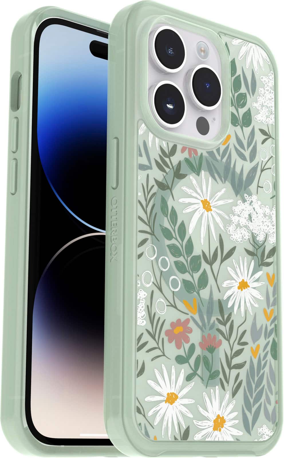 Left. OtterBox - Symmetry Series+ for MagSafe Hard Shell for Apple iPhone 14 Pro - Sage Advice.