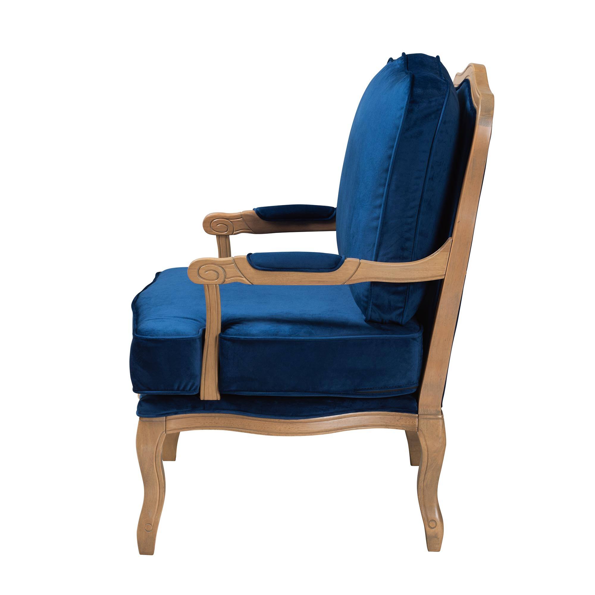 Left. Baxton Studio - Jules Traditional Fabric and French Oak Finished Wood Accent Chair - Navy Blue/ French Oak.
