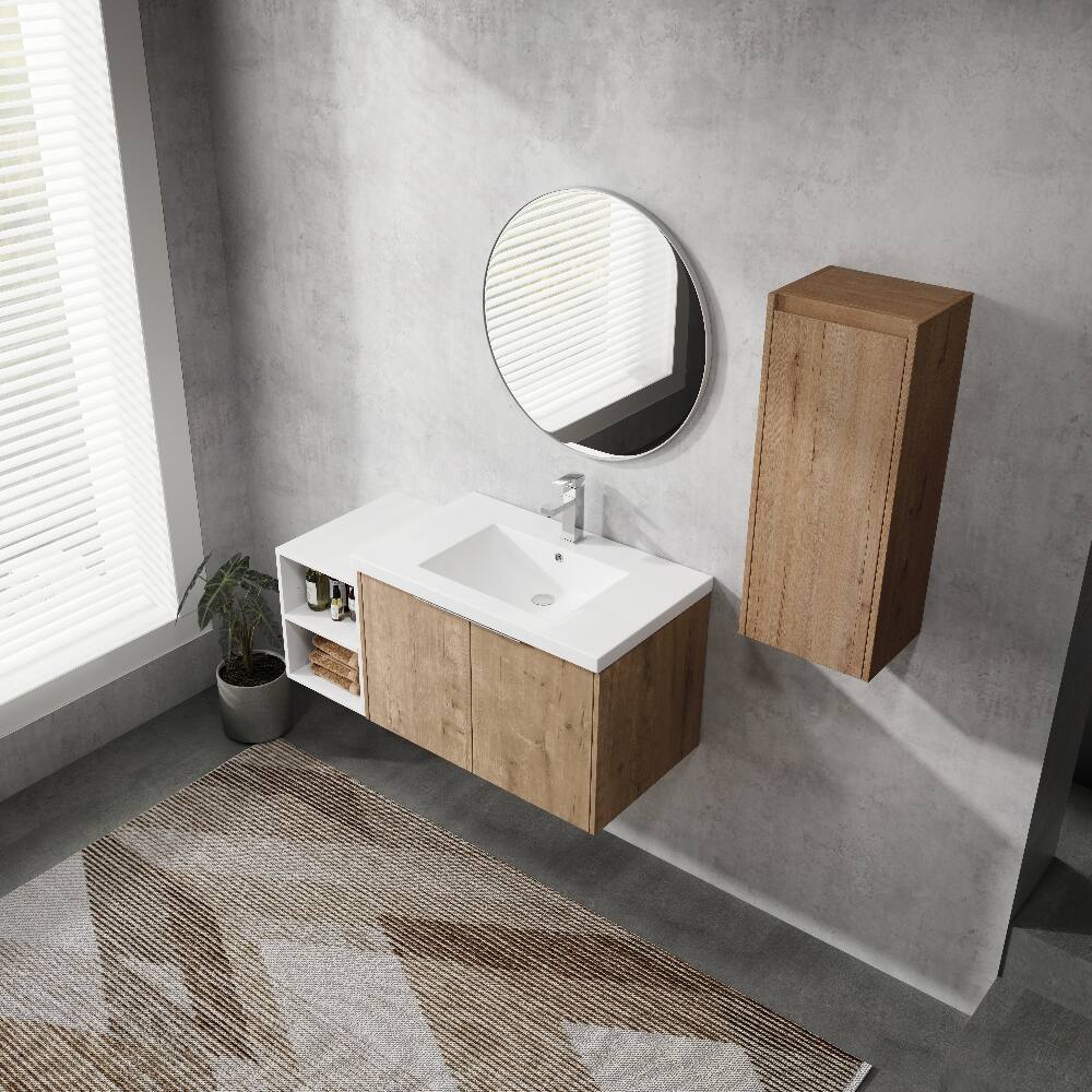 Alt View 1. Loheer - Loheer 42 inch wall mounted bathroom vanity Imitative Oak Floating Cabinet with Resin Sink - Imitative Oak.