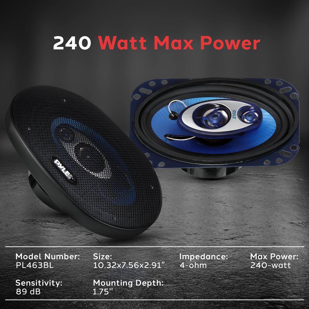 240 Watt Max Power

Model Number: PL463BL  
Size: 10.32x7.56x2.91"  
Impedance: 4-ohm  
Max Power: 240-watt  
Sensitivity: 89 dB  
Mounting Depth: 1.75"