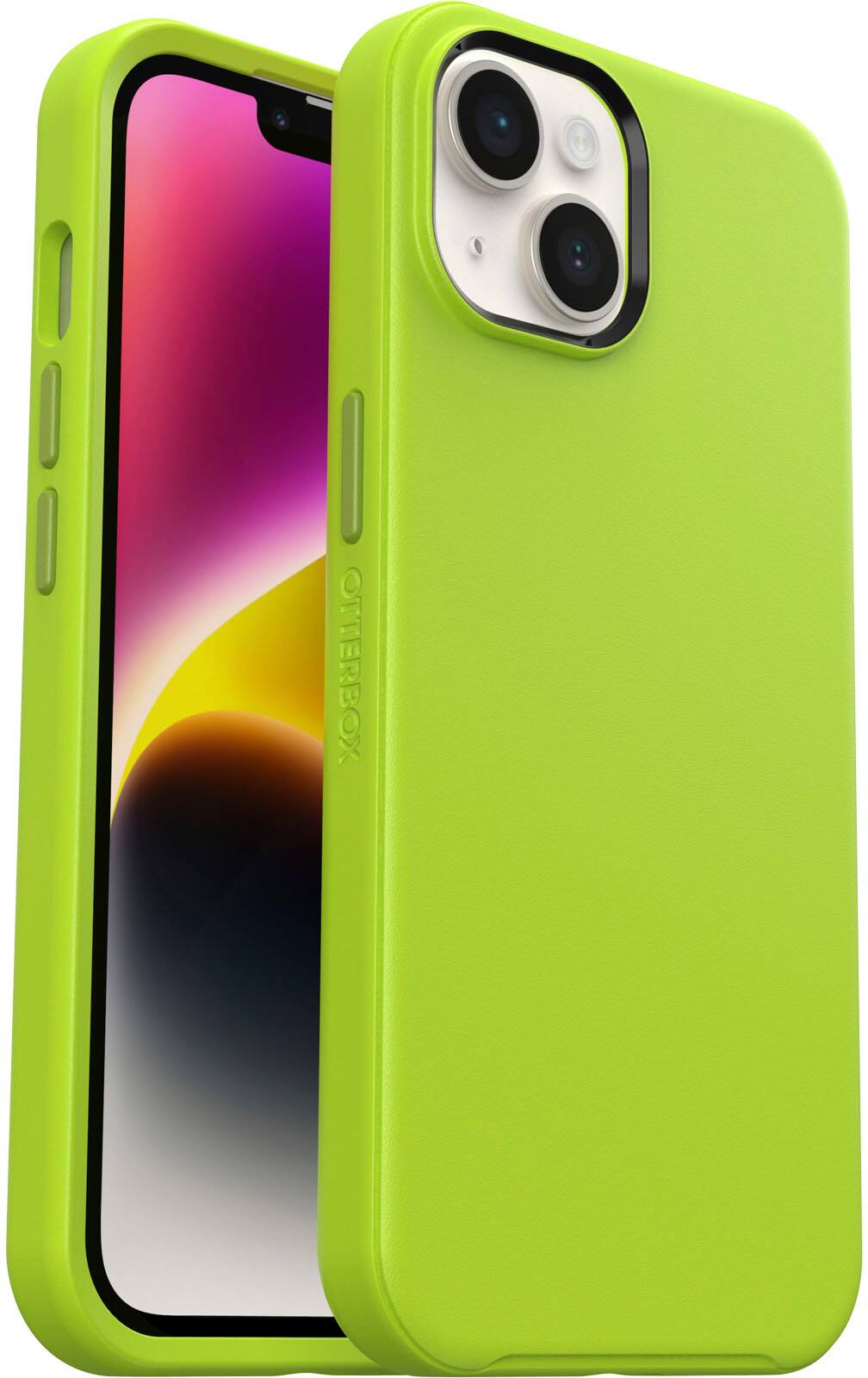 Left. OtterBox - Symmetry Series+ for MagSafe Hard Shell for Apple iPhone 14 and Apple iPhone 13 - Lime All Yours.
