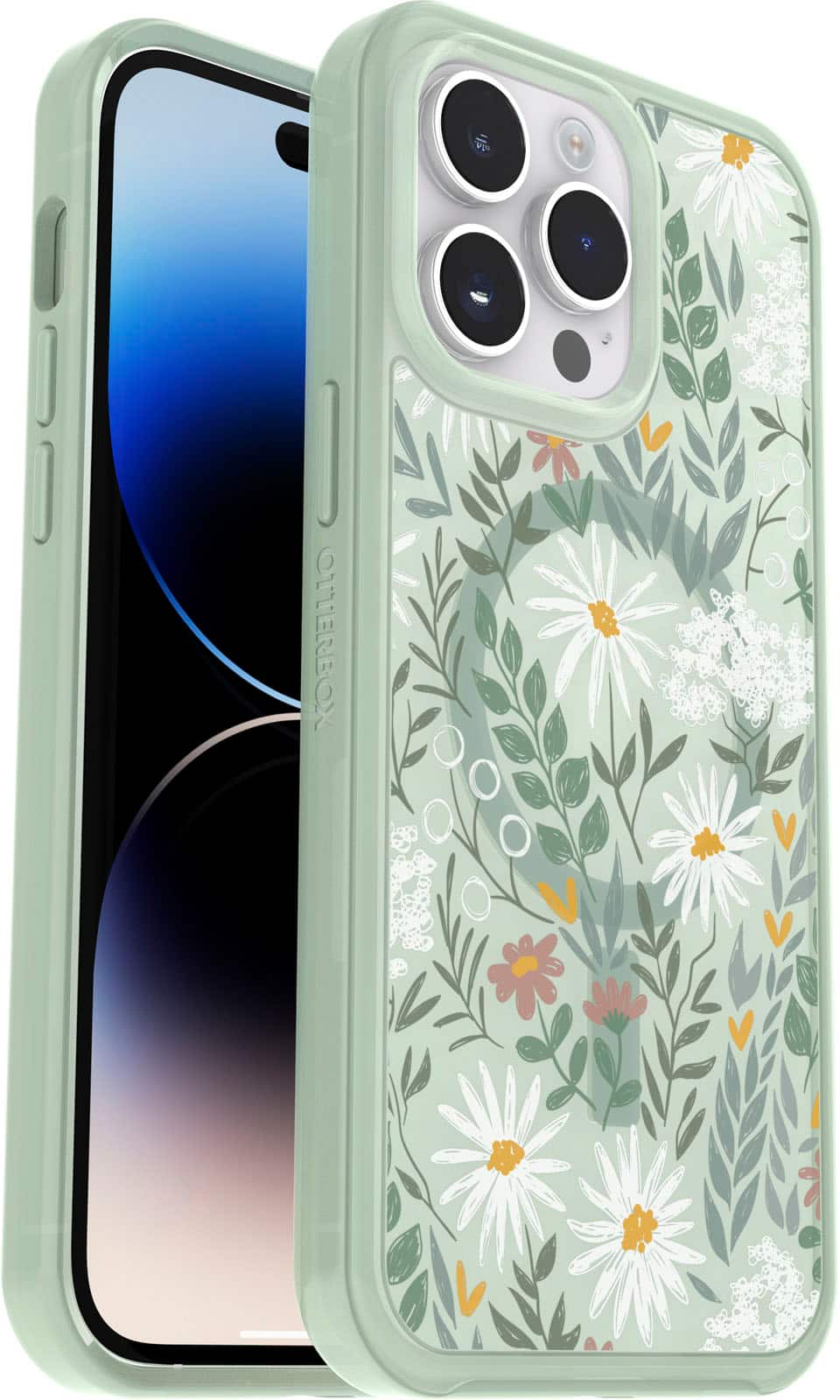 Left. OtterBox - Symmetry Series+ for MagSafe Hard Shell for Apple iPhone 14 Pro Max - Sage Advice.