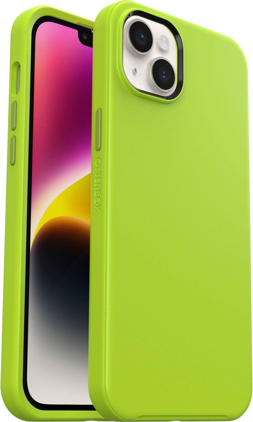 Left. OtterBox - Symmetry Series+ for MagSafe Hard Shell for Apple iPhone 14 Plus - Lime All Yours.