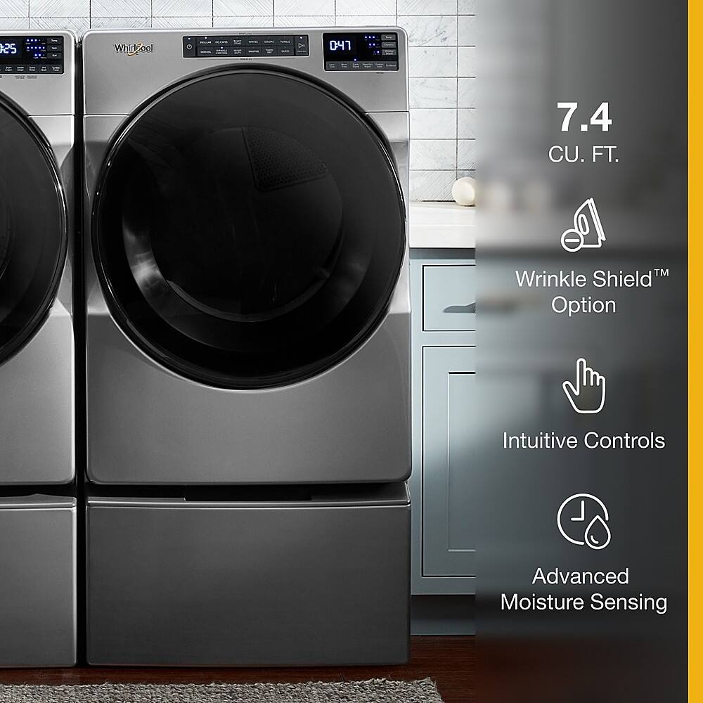 The image features a double washer and dryer set, with the dryer on the left and the washer on the right. The dryer has a wrinkle shield option, and the washer has intuitive controls and advanced moisture sensing. The dryer also has a 7.4 cu. ft. capacity.
