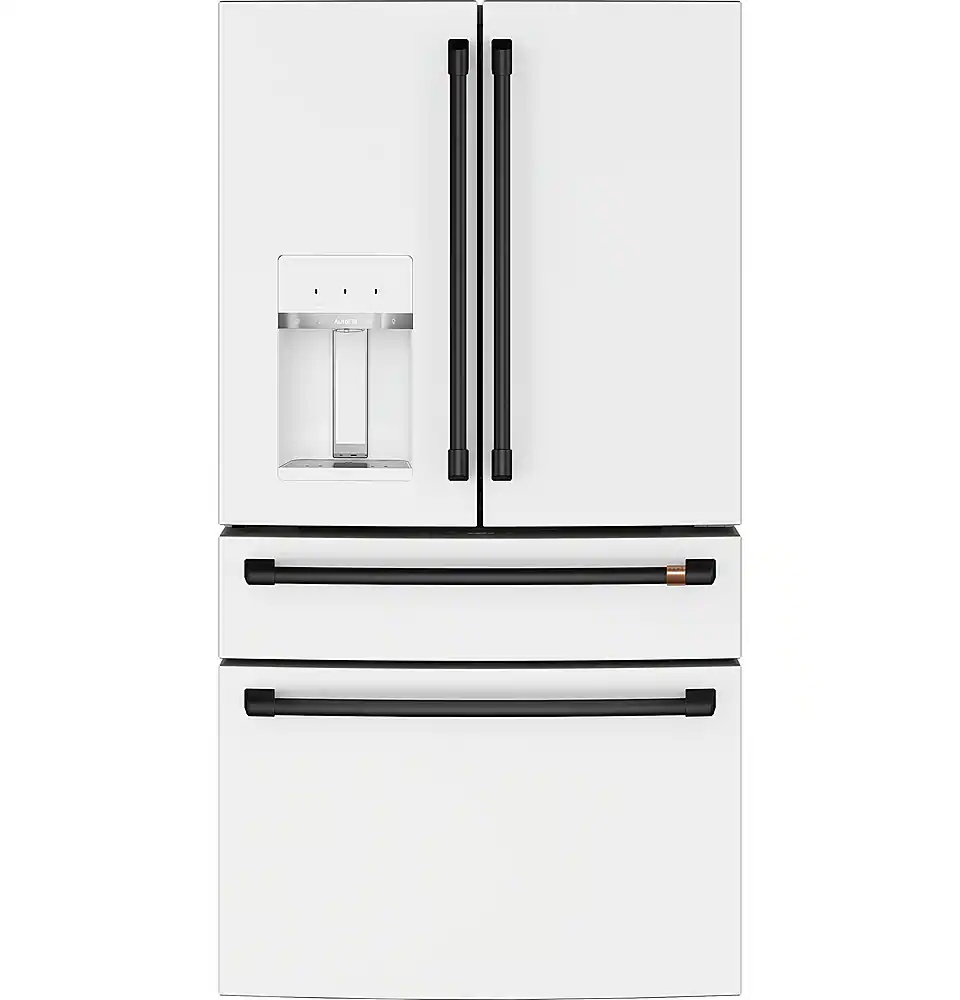 The image features a white refrigerator with a freezer compartment on the bottom. The refrigerator has a handle on the left side and a water dispenser on the right side. The freezer compartment is located below the refrigerator, and the refrigerator is placed in a kitchen.