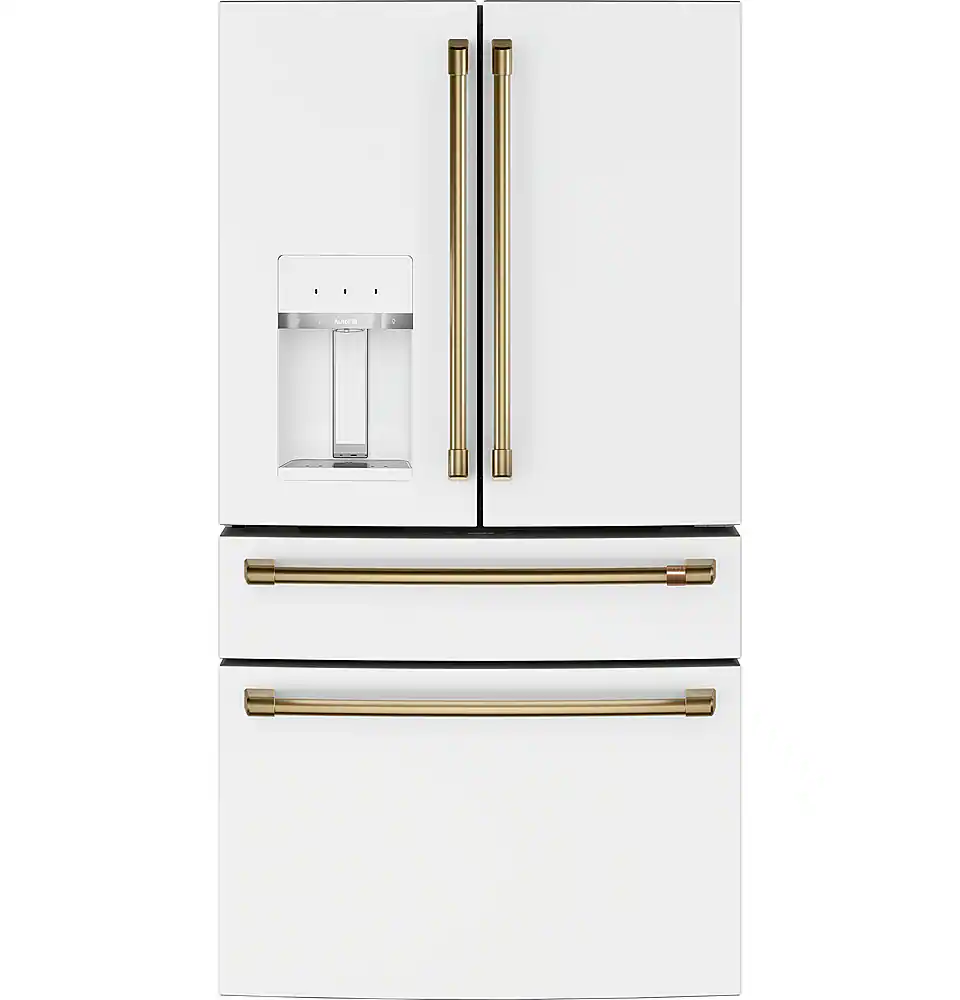 The image features a large white refrigerator with a water dispenser on the door. The refrigerator has a handle on the side and a gold trim. The water dispenser is located on the left side of the refrigerator, and the refrigerator is positioned against a white wall. The refrigerator is the main focus of the image, and it is prominently displayed in the scene.