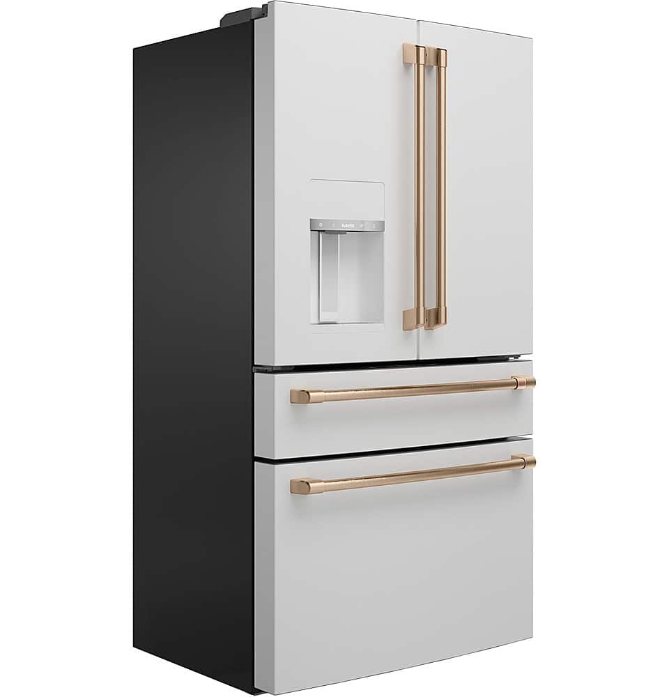 Left. Café - 22.3 Cu. Ft. Counter-Depth 4-Drawer French-Door Refrigerator, Customizable - Matte White.