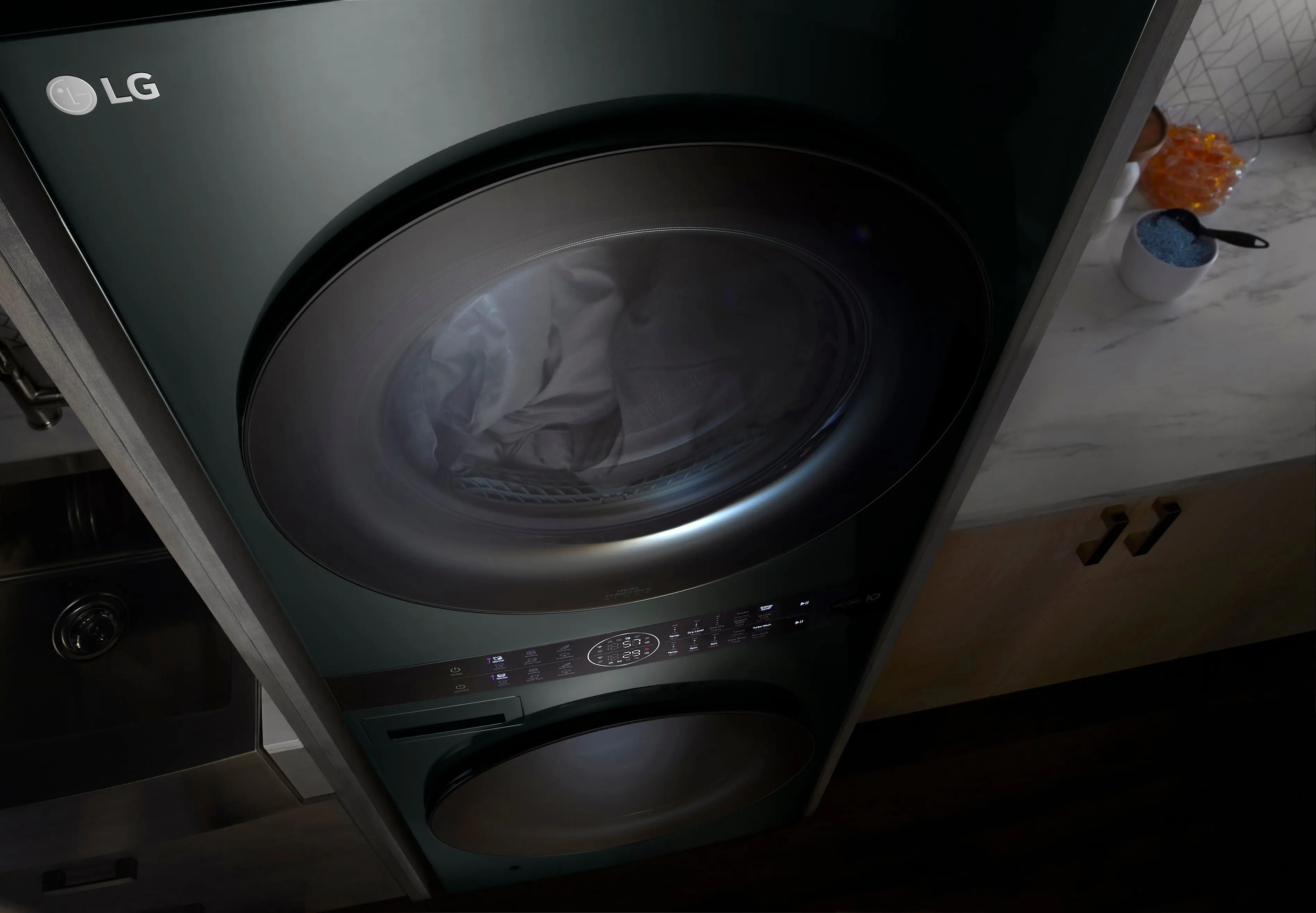 Alt View 13. LG - 4.5 Cu. Ft. HE Smart Front Load Washer and 7.4 Cu. Ft. Gas Dryer WashTower with Steam and Built-In Intelligence - Nature Green.