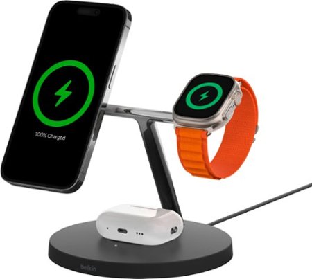 Belkin - MagSafe 3-in-1 Wireless Charging Stand - 2ND GEN with Faster Apple Watch Charging- iPhone 15, 14 & 13 series & AirPods - Black