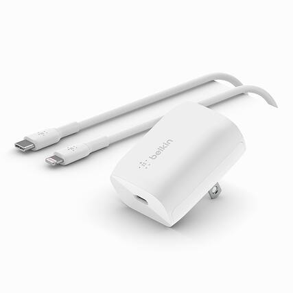 Front. Belkin - BOOSTCHARGE 20W USB-C Power Delivery Wall Charger + USB-C to Lightning Cable - White.