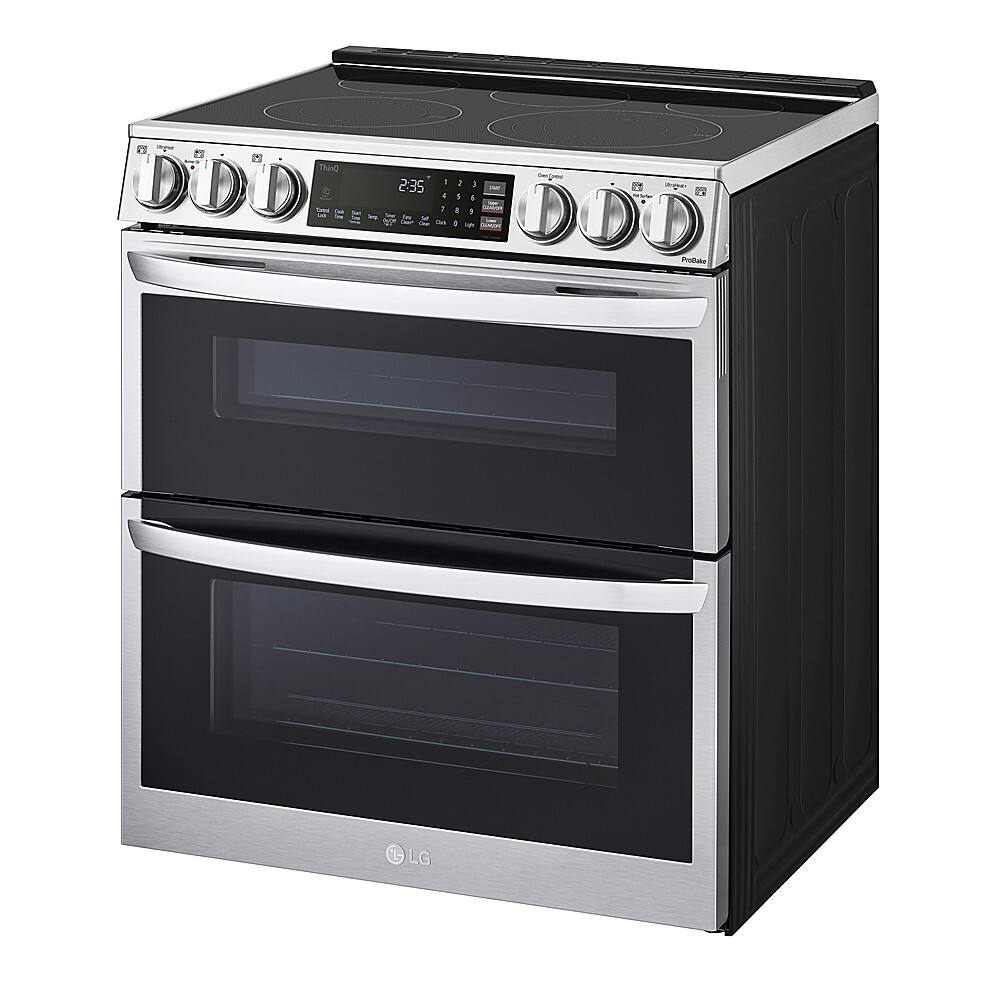 Left. LG - 7.3 Cu. Ft. Smart Slide-In Double Oven Electric True Convection Range with EasyClean and InstaView - PrintProof Stainless Steel.