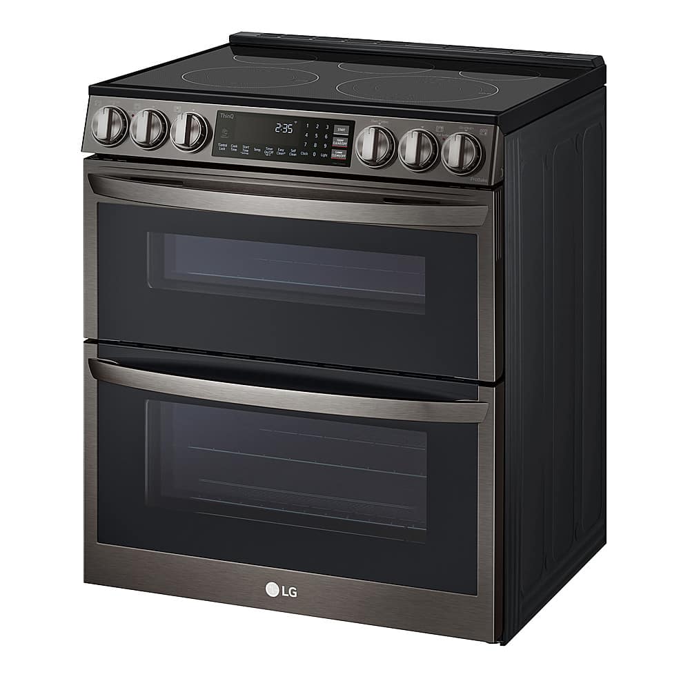 Left. LG - 7.3 Cu. Ft. Smart Slide-In Double Oven Electric True Convection Range with EasyClean and InstaView - PrintProof Black Stainless Steel.