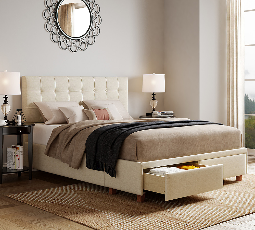 Left View: Click Decor - Edmond Storage Bed with Adjustable Height Headboard Queen Size - Beige