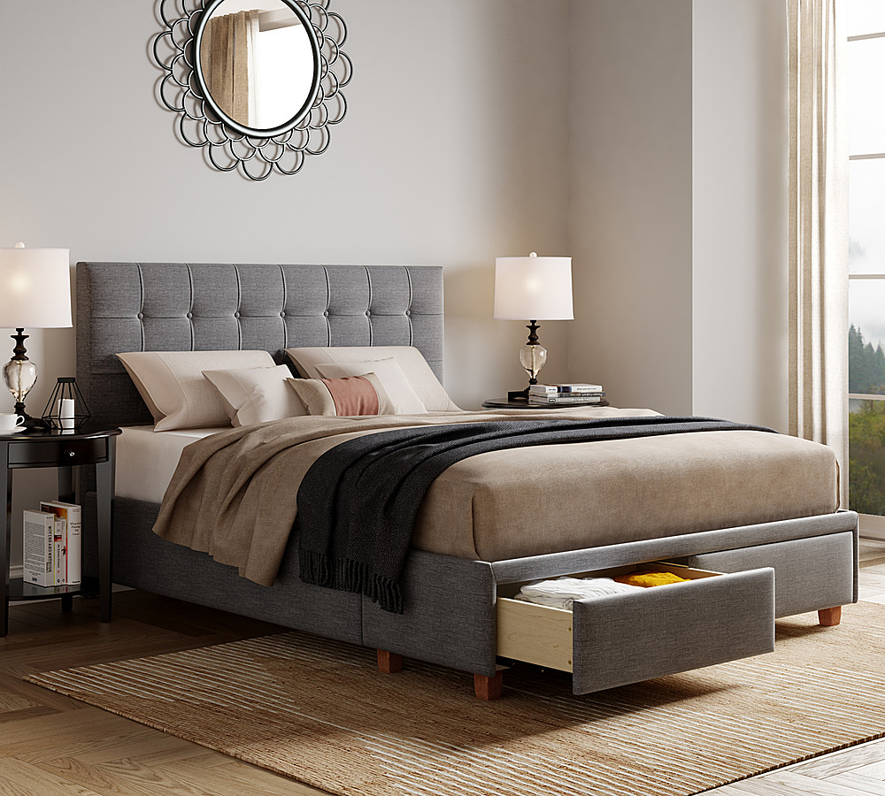 Left View: Click Decor - Edmond Storage Bed with Adjustable Height Headboard Queen Size - Dark Gray