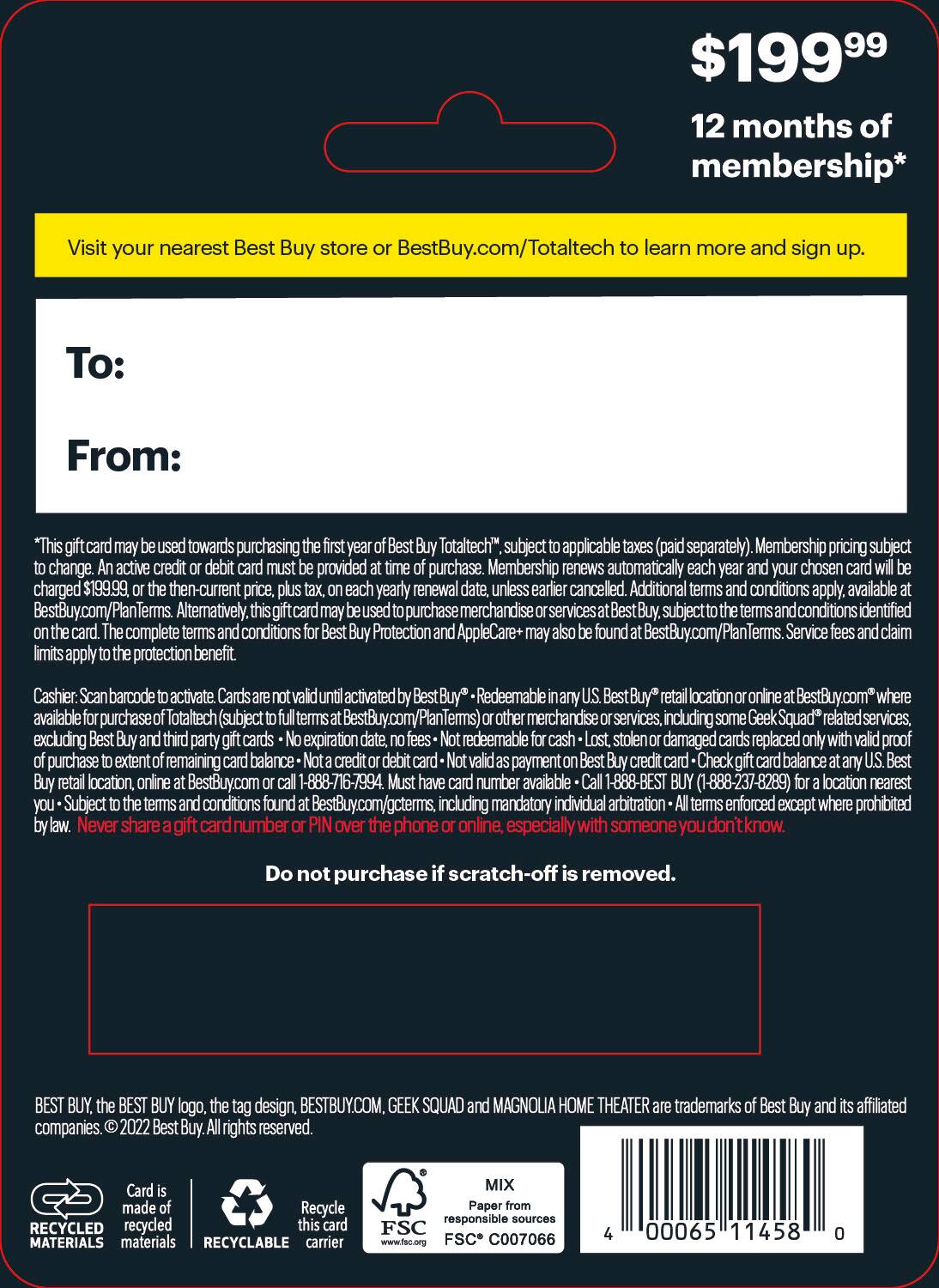 Questions and Answers Best Buy Totaltech™ 199.99 Gift Card 6511458