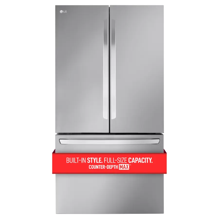 The image features a large stainless steel refrigerator with a built-in style and full-size capacity. It is a counter-depth model, which means the refrigerator is designed to fit snugly into the space between countertops, providing a seamless look in the kitchen. The refrigerator is a part of the LG brand, known for its high-quality appliances.