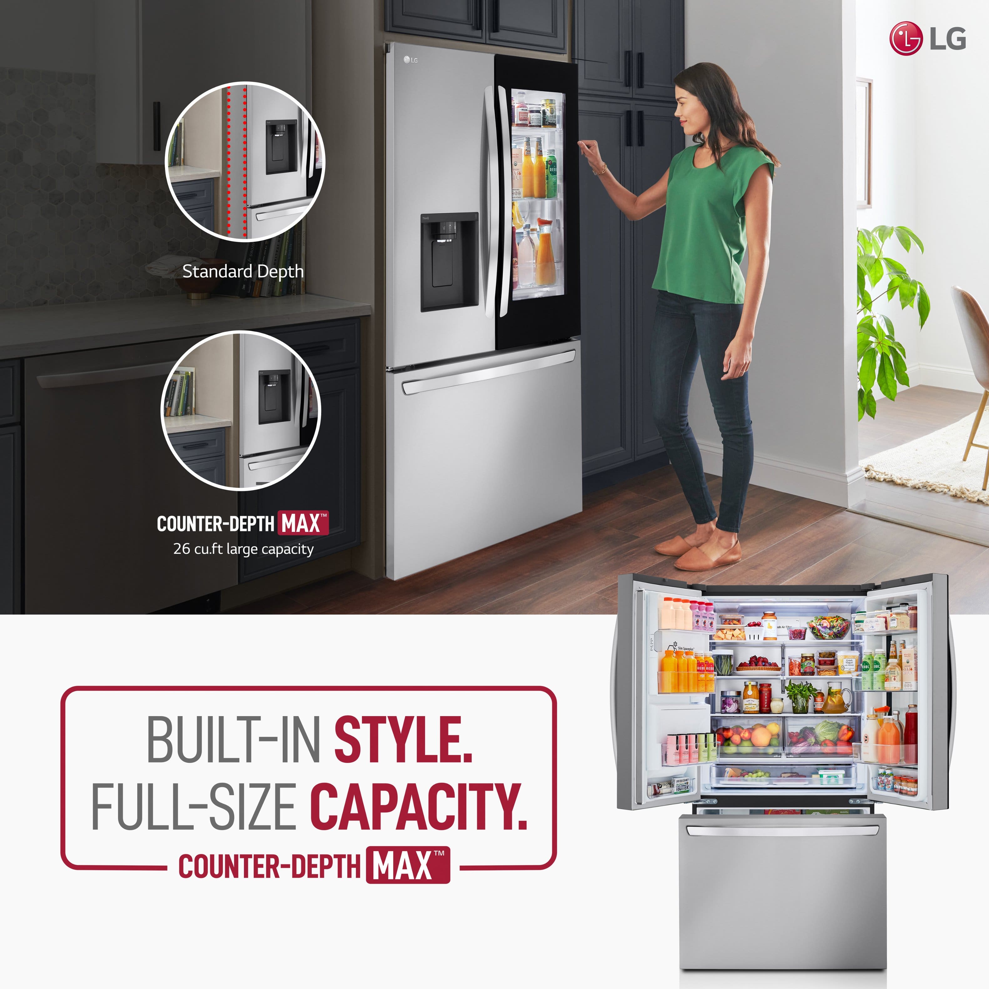 The image features a woman standing in a kitchen, opening a refrigerator with a large capacity. The refrigerator is built-in style and has a counter-depth design, providing a seamless integration with the kitchen countertop. The refrigerator is advertised as having a full-size capacity, making it suitable for large families or those who frequently entertain guests. The woman appears to be showcasing the refrigerator's features and functionality, highlighting its built-in design and counter-depth technology.