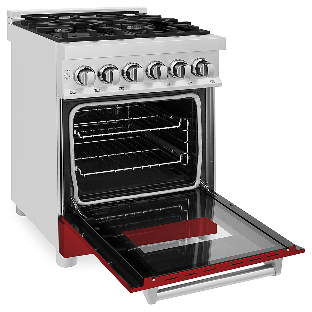 Left View: ZLINE - Dual Fuel Range with Gas Stove and Electric Oven in Stainless Steel and Red Matte Door - Multicolor