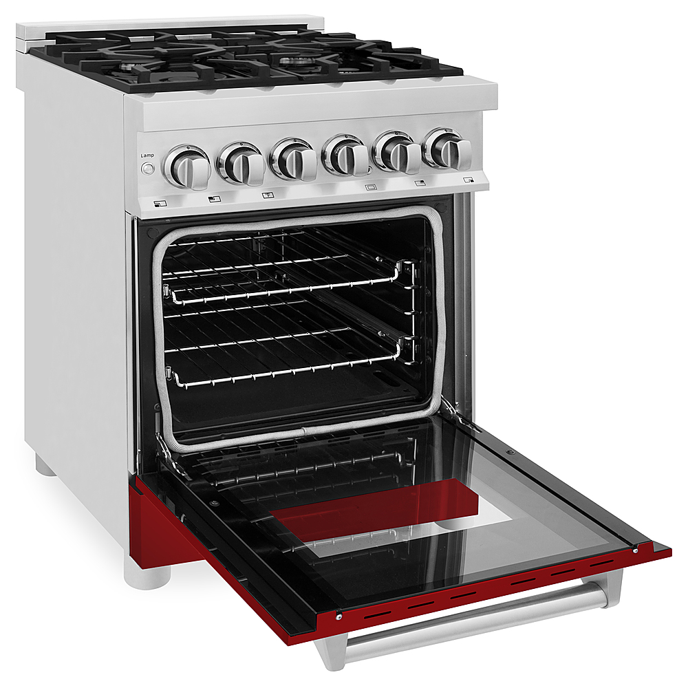 Left View: ZLINE - Dual Fuel Range with Gas Stove and Electric Oven in Stainless Steel and Red Gloss Door - Multicolor