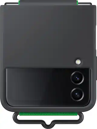 Front. Samsung - Silicone Cover with Strap for Galaxy Z Flip4 - Black.