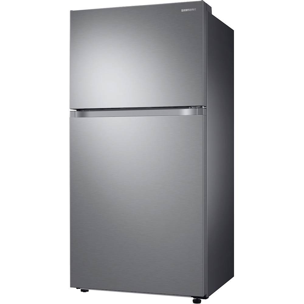 Left View: Samsung - Geek Squad Certified Refurbished 21.1 Cu. Ft. Top-Freezer Refrigerator with  FlexZone and Ice Maker - Stainless steel