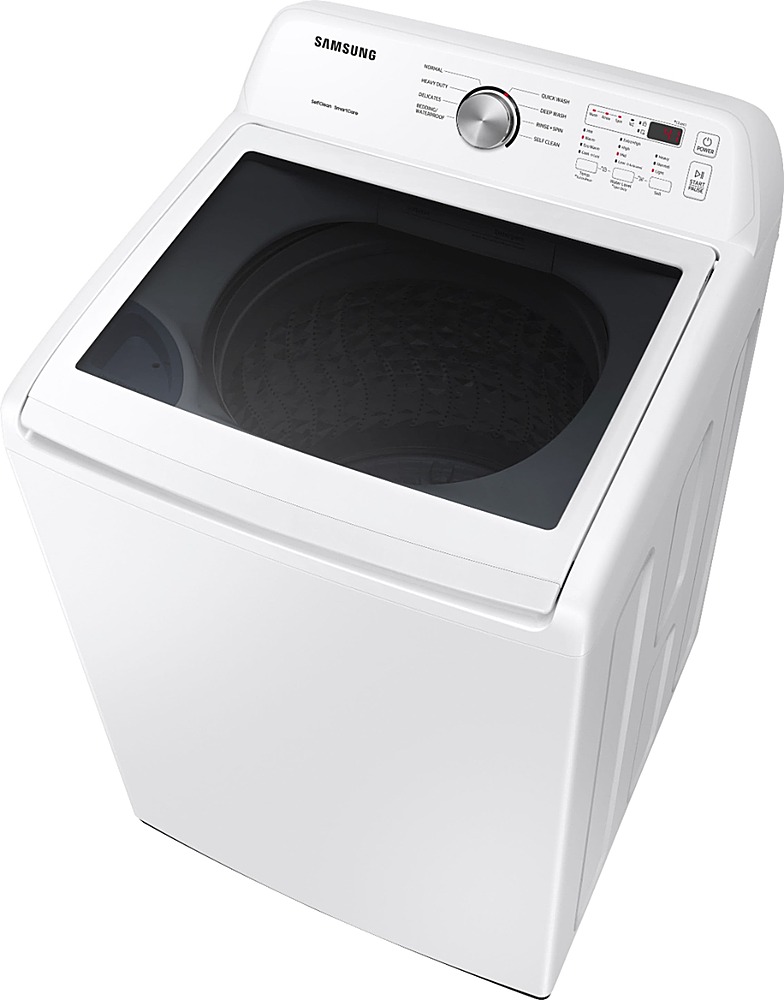 Left View: Samsung - Geek Squad Certified Refurbished 4.5 Cu. Ft. High Efficiency Top Load Washer with Vibration Reduction Technology+ - White
