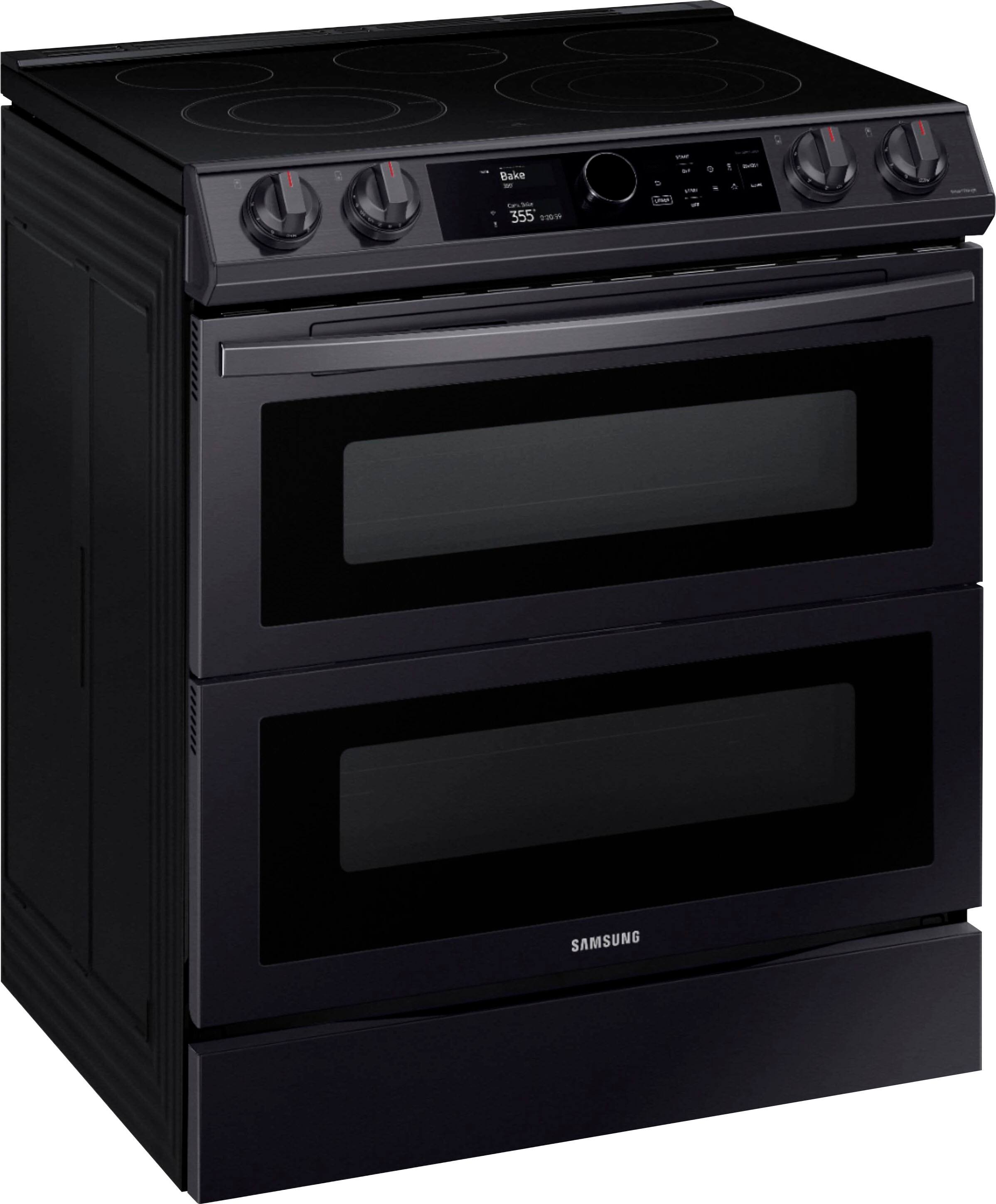 Angle View: Samsung - Geek Squad Certified Refurb 6.3 cu. ft. Flex Duo Front Cntrl Slide-in Electric Range with Smart Dial, Air Fry & Wi-Fi - Black stainless steel