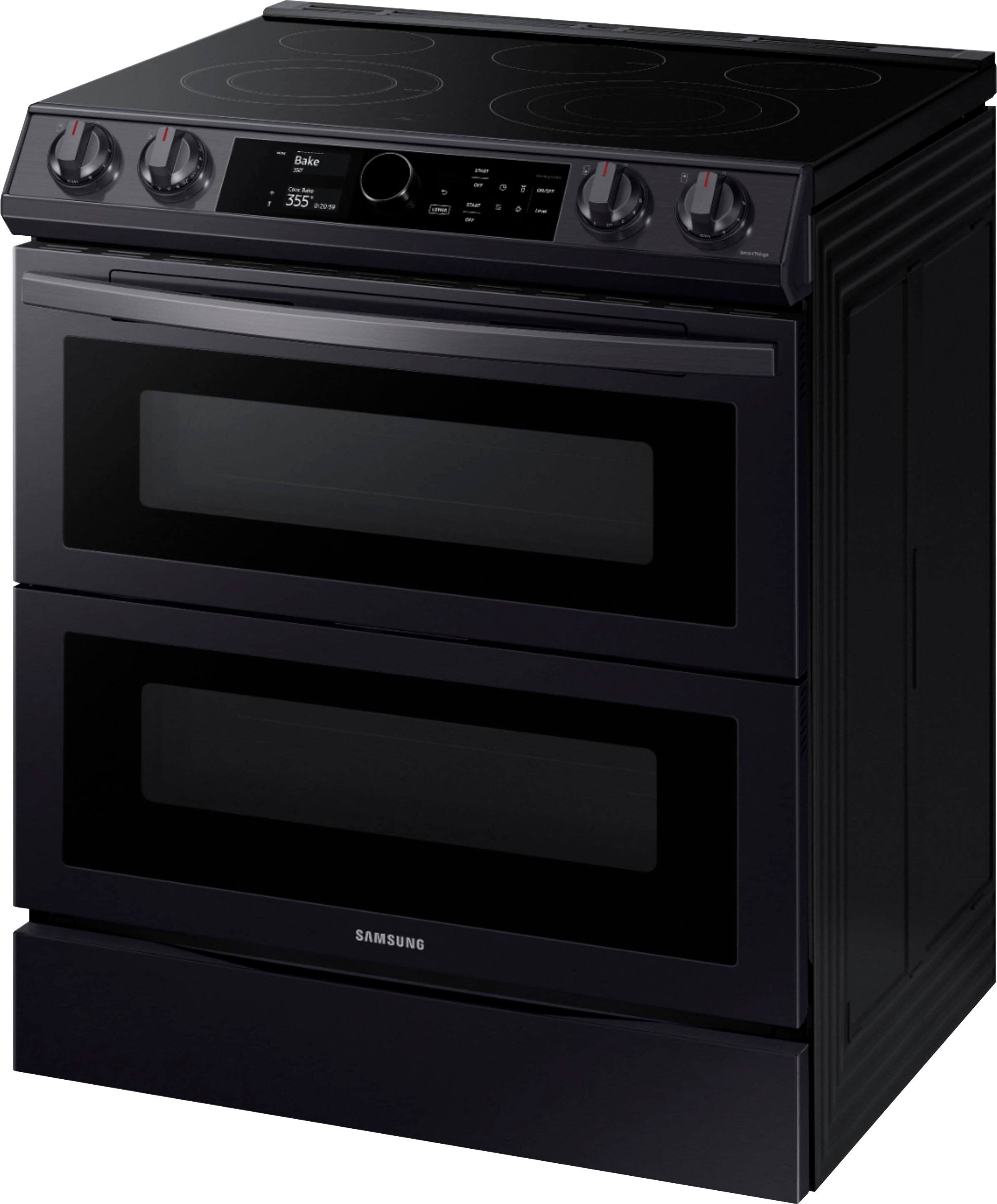 Left View: Samsung - Geek Squad Certified Refurb 6.3 cu. ft. Flex Duo Front Cntrl Slide-in Electric Range with Smart Dial, Air Fry & Wi-Fi - Black stainless steel