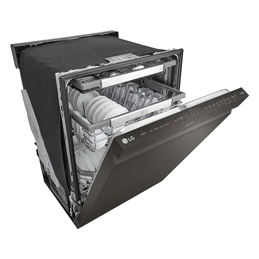 Angle. LG - 24" Top Control Smart Built-In Stainless Steel Tub Dishwasher with 3rd Rack, QuadWash Pro and 42dba - PrintProof Black Stainless steel.