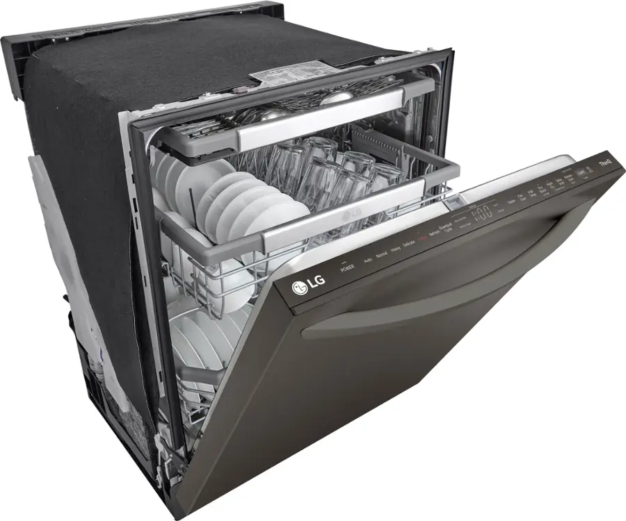 Angle. LG - 24" Top Control Smart Built-In Stainless Steel Tub Dishwasher with 3rd Rack, QuadWash Pro and 42dba - PrintProof Black Stainless.