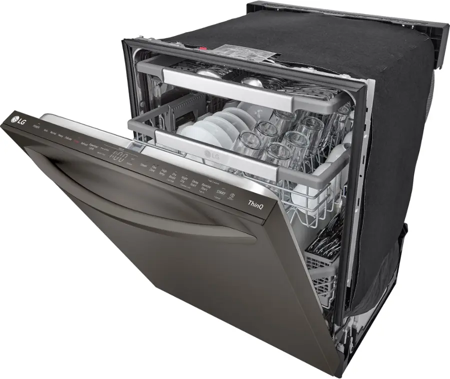Left. LG - 24" Top Control Smart Built-In Stainless Steel Tub Dishwasher with 3rd Rack, QuadWash Pro and 42dba - PrintProof Black Stainless.