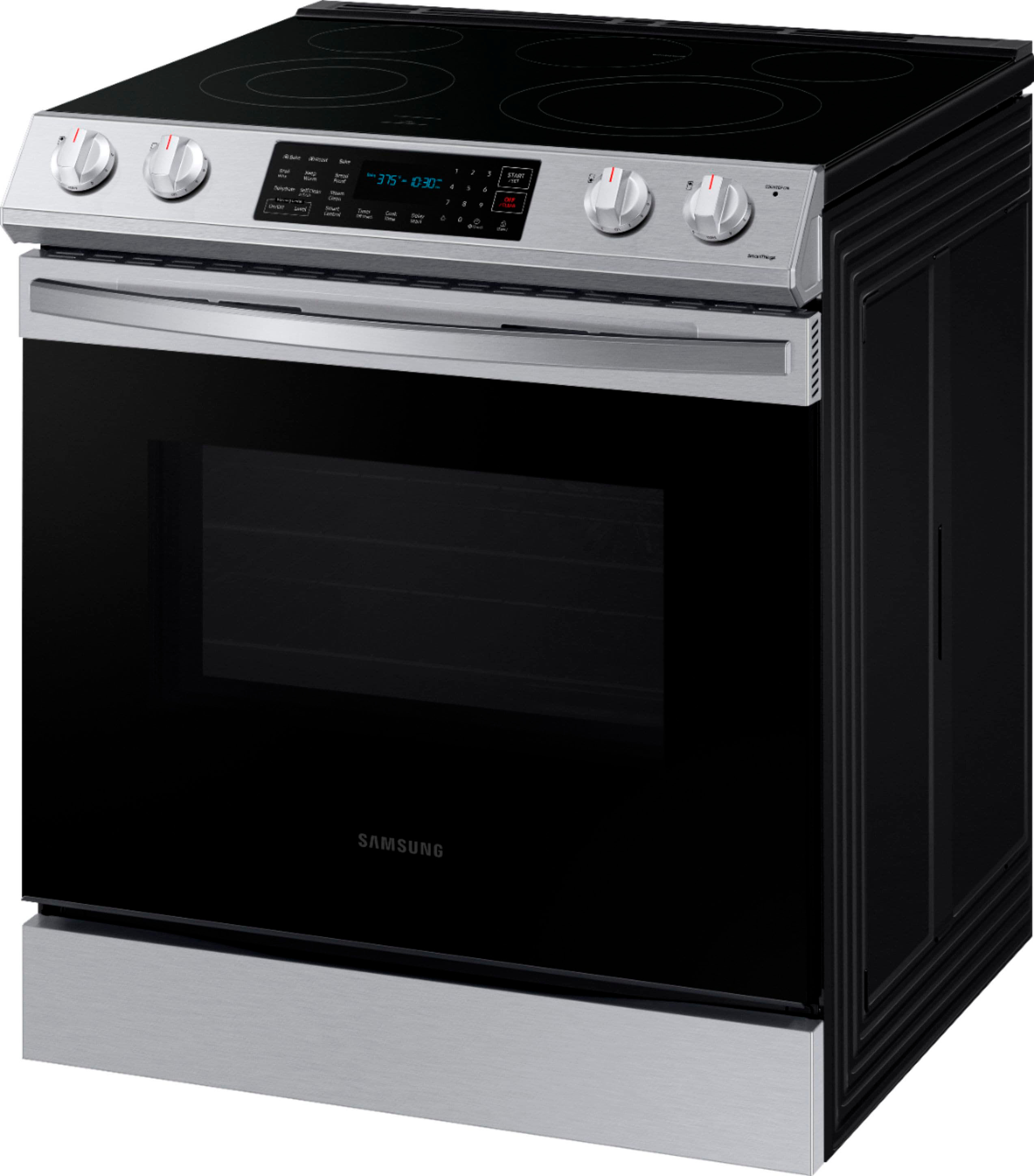 Left View: Samsung - Geek Squad Cert Refurb 6.3 cu. ft. Front Cntrl Slide-in Electric Range with Convection & Wi-Fi, Fingerprint Resistant - Stainless steel