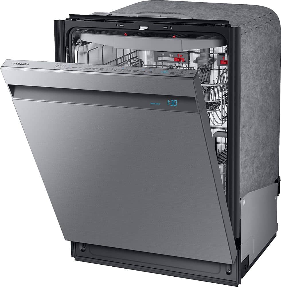 Left View: Samsung - Geek Squad Certified Refurbished Linear Wash 24" Top Control Built-In Dishwasher with AutoRelease Dry, 39 dBA - Stainless steel