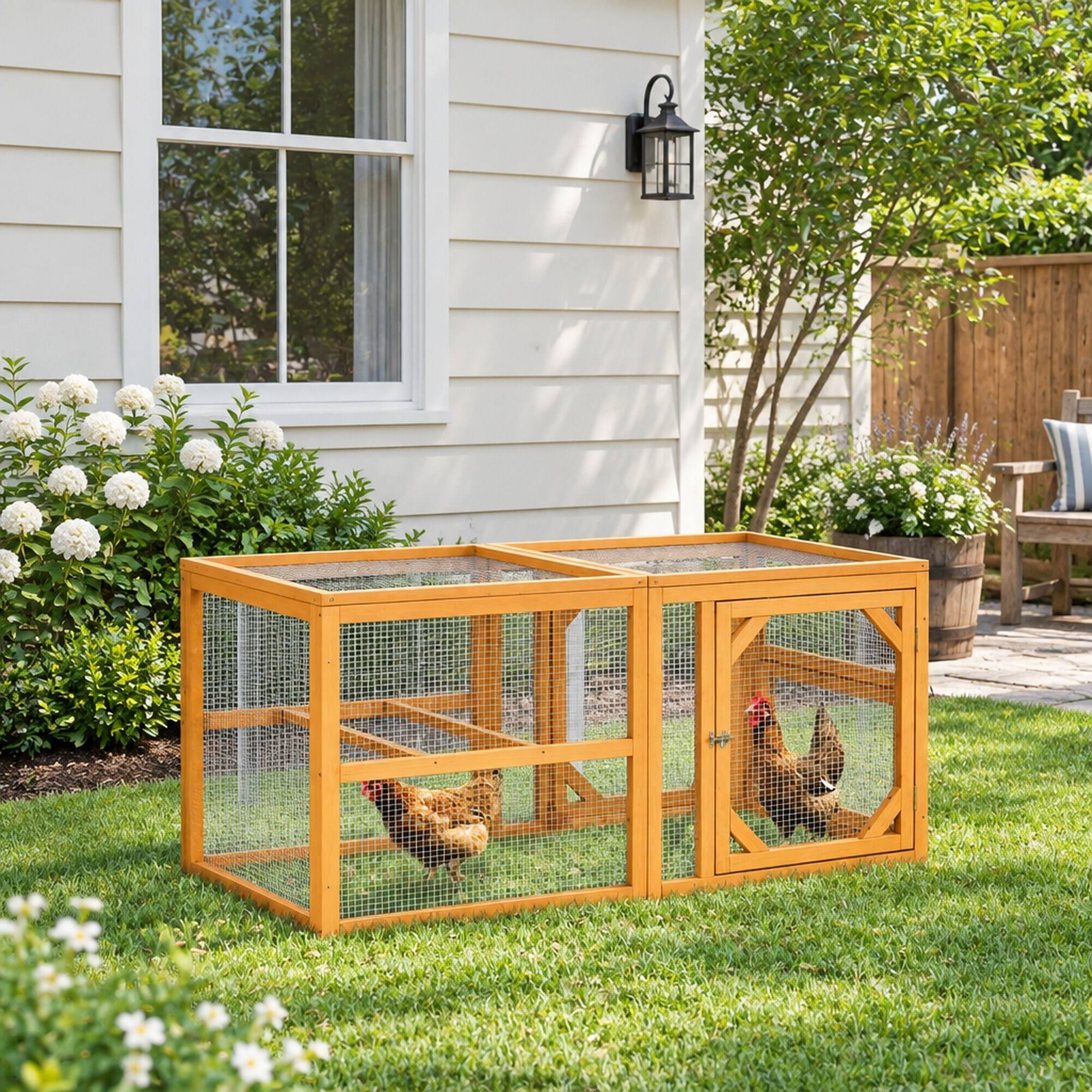 Back. RYHNUYNE - 55 in Wooden Chicken Coop Expansion, Combinable Run, Climate-Safe Paint, Wire Fencing, 25 in H.