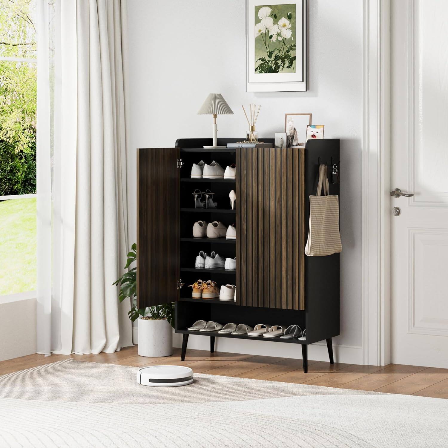 Left. Homhougo - Large Shoe Cabinet with Doors – 6-Tier Shoe Organizer with 2 Doors and Extra Hooks, Freestanding Shoe Storage - Black.