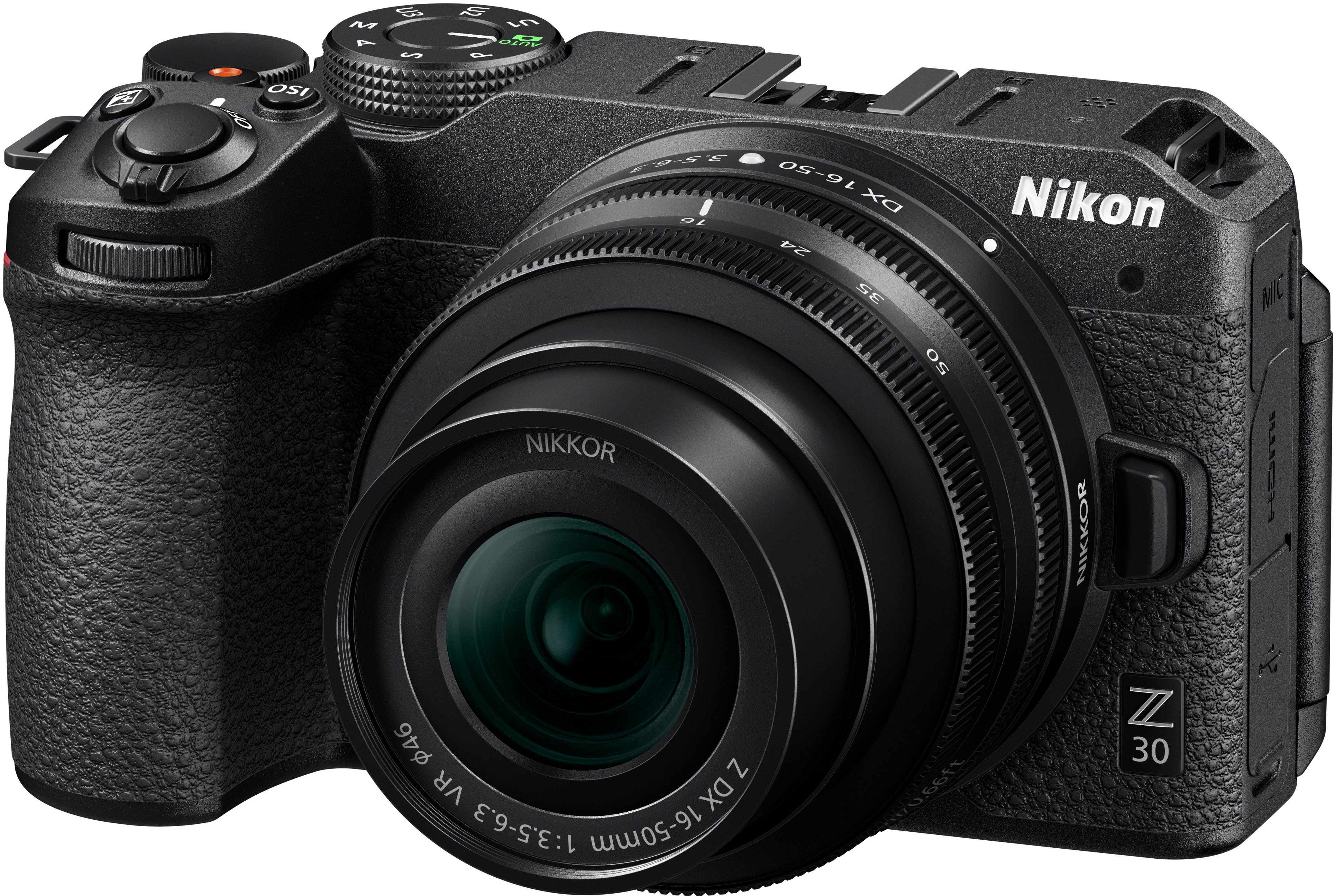 Angle View: Nikon - Z 30 4K Mirrorless Camera w/ NIKKOR Z DX 16-50mm f/3.5-6.3 VR Lens - Black