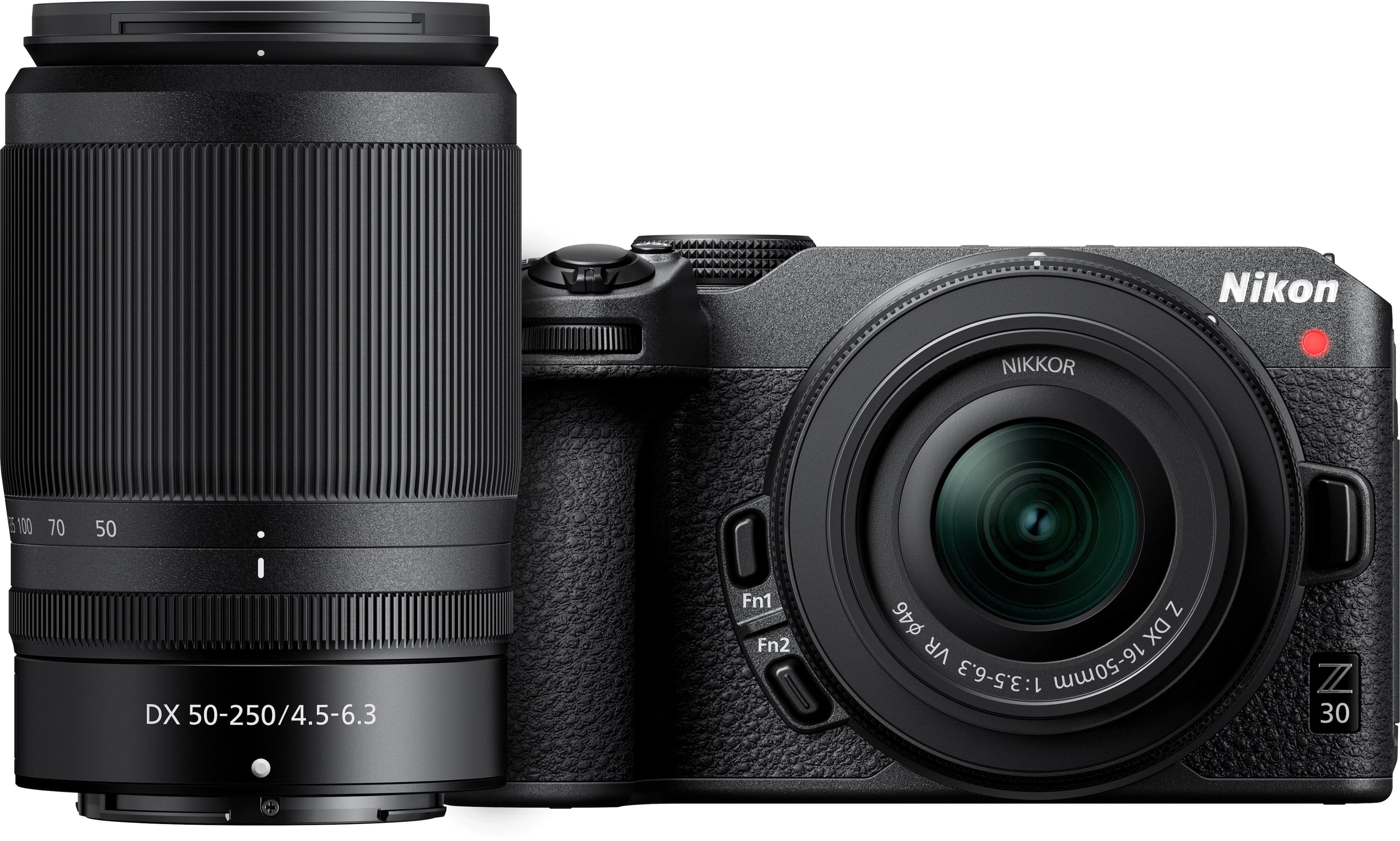 Left. Nikon - Z 30 4K Mirrorless Camera 2-Lens Kit with NIKKOR Z DX 16-50mm f/3.5-6.3 VR and NIKKOR Z DX 50-250mm f/4.5-6.3 VR Lenses - Black.