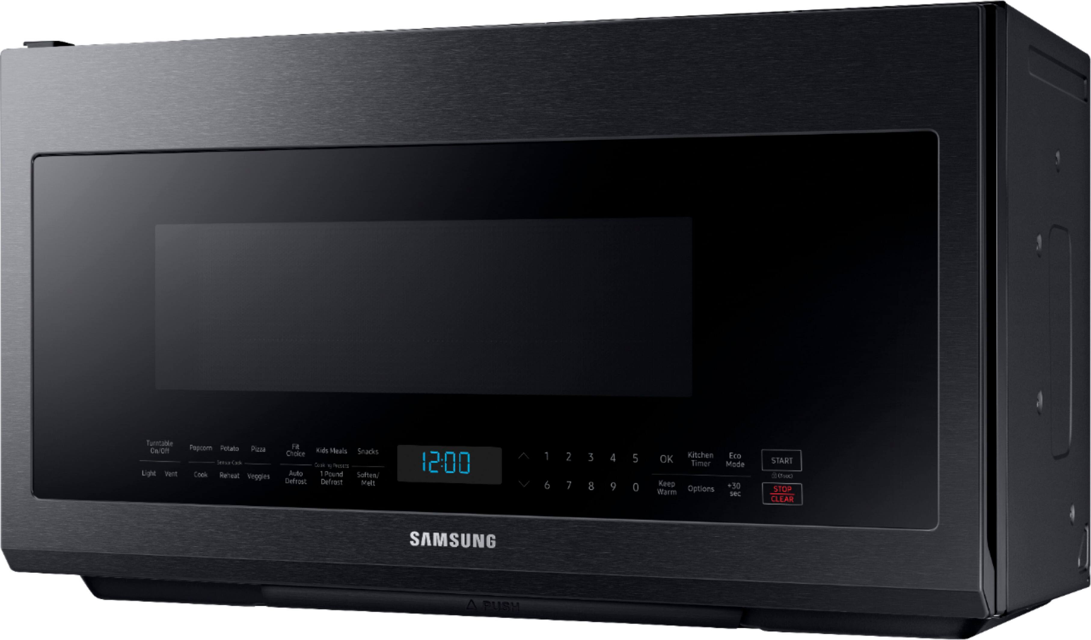 Left View: Samsung - Geek Squad Certified Refurbished 2.1 Cu. Ft. Over-the-Range Microwave with Sensor Cook - Black stainless steel