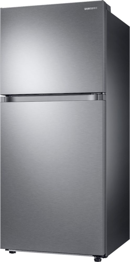 Left View: Samsung - Geek Squad Certified Refurbished 17.6 Cu. Ft. Top-Freezer Refrigerator with  FlexZone and Ice Maker - Stainless steel